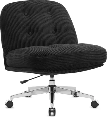 A black corduroy office chair with a chrome base and wheels, shown from a front-facing angle against a white background.