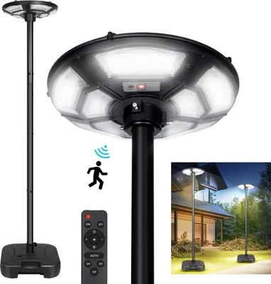 A solar street lamp with a motion sensor and remote control, shown on a white background, with a smaller inset image showing the lamp in use outdoors at night.