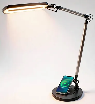 Image de Lampe de bureau avec chargeur - Lampe de table LED - Idéale pour le travail à domicile et les études - Charge sans fil Qi - 3 couleurs, 12 niveaux d'intensité - Noir