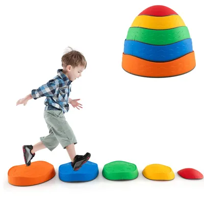 Image de COSTWAY Ensemble de 5 blocs de marche pour enfants Pierres de rivière empilables avec bord antidérapant Jouets parcours d'obstacles pour enfants de 3 ans et plus jusqu'à 80 kg