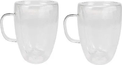 Produktbild von 2er Set Doppelwandiges Thermoglas mit Henkel Teetassen Doppelwand Glas Kaffeetassen transparent 350 ml