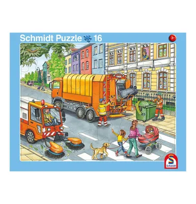 Produktbild von Schmidt Spiele 2er Set Rahmenpuzzles Fahrt mit dem Müllauto 16 Teile/Achtung, Baustelle! 24 Tei