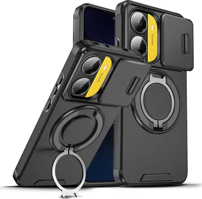 Image de Etui double couche pour Xiaomi Poco X7 Pro/Redmi Turbo 4, cache caméra coulissant et anneau magnétique Noir