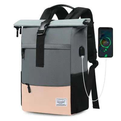 Produktbild von Cityrucksack Freizeitrucksack Groß Damen lässiger Rolltop Rucksack Herren Backpack, Arbeitsrucksack viele Fächer mit 15,6" Laptopfach/USB