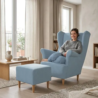 Produktbild von Ohrensessel ZOJA Royal – mit Hocker, Velours in Hellblau, Family Meble