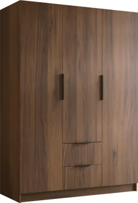 Produktbild von MIRJAN24 Kleiderschrank Calwi I 150, Schlafzimmer, Drehtürenschrank, mit Kleiderstange, Modern, Garderobenschrank, Metallgriffe (Farbe: Nuss Warmia + Schwarz)
