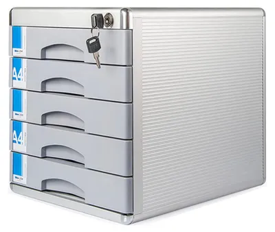Imagen del producto de Caja metálica con cajones, con cerradura, 5 compartimentos para documentos en formato A4, con área para etiquetas