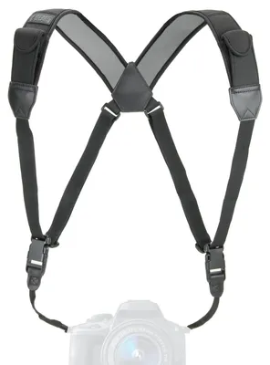 Produktbild von Kameragurt für DSLR-Kameras, mit Borstelfaser, Schnellverschlüssen und Zubehörfächern, aus schwarzem Neopren