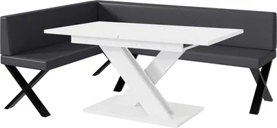Produktbild von MEBLINI Eckbank für Esszimmer mit ausziehbarem Tisch  - Küchenbank - Essecke - Sitzecke Küche - ERIC - X-Beine 142x196x87cm Links - Grau Kunstleder/B Weiß Matt