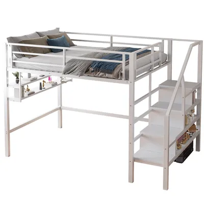Produktbild von Hochbett mit Lattenrost, 140x200 cm, Metallbett mit Rausfallschutz, Regal und Treppe, Jugendbett