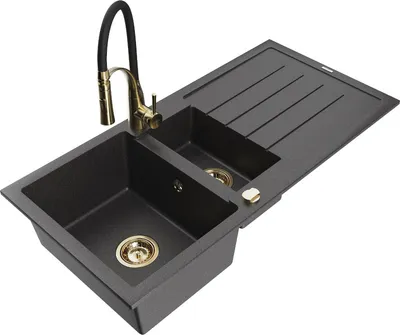 Produktbild von Mexen Andres 1,5-Becken-Granitspüle mit Abtropffläche und Mischbatterie Aster, Schwarz gesprenkelt - 6515-76-73450-57-G