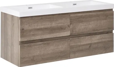 Produktbild von BELIANI Waschtischunterschrank mit Doppelwaschbecken Taupe MDF Holzoptik Harz 120 x 46 cm Wandmontage 4 Schubladen Doppelwaschtisch Badezimmer
