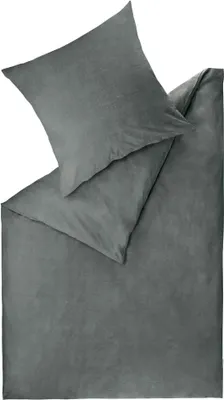 A top-down view of a grey duvet cover and pillowcase.