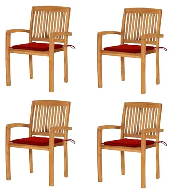 Produktbild von Stapelbare Gartenstühle mit Kissen, 4 Stück, Massivholz Teak, Rot, 60x57,5x90 cm, Witterungsbeständig für Terrasse, Garten, Esszimmer
