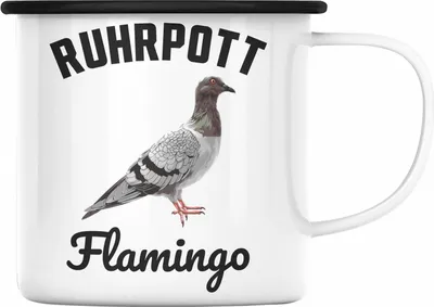 Produktbild von Trendation - Taubenzüchter Geschenk Zaubenzucht Zubehör Tauben Emaille Tasse Lustiger Spruch Taubenflüsterer Becher Ruhrpott Flamingo (Schwarz)