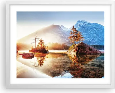 Produktbild von Gerahmtes Poster - Weißer Rahmen - Morgendämmerung Berge See - 50x40 cm - Wand Bild - Wanddeko - Wandbilder - Kunstposter - Wandposter - Bilderrahmen - Bilder - Kunstdruck - P2WAA50x40-4617