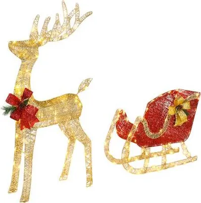 Produktbild von FCH Rentiere & Schlitten Weihnachtsdekoration Set für den Außenbereich mit 180 LED-Lichtern, Gold