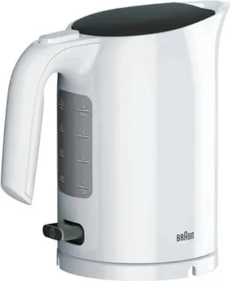 A white electric kettle with a black lid and a water level indicator.