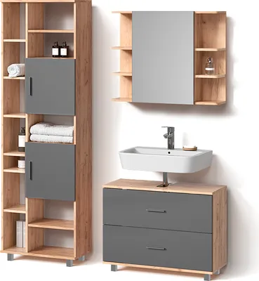 Produktbild von Badmöbel-Set Livinity Eisak Anthrazit/Goldkraft Eiche 3 Teile, mit Hochschrank, Model 52590