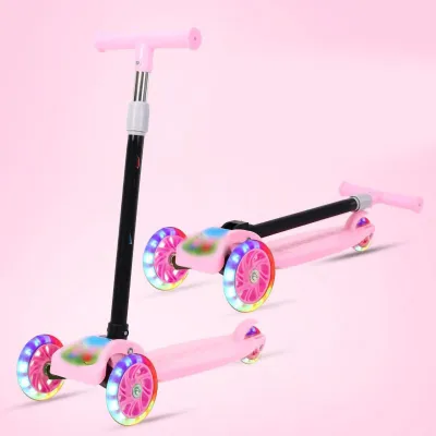 Productafbeelding van Opvouwbare kinderloopfiets met 3 lichtgevende wielen, model vliegtuig, verstelbare hoogte, breed platform, geschikt voor jongens en meisjes van 2 tot 8 jaar, roze