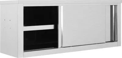 A studio shot of a stainless steel wall cabinet with sliding doors.