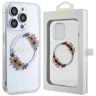 A transparent iPhone case with a floral wreath design and the Guess logo, shown both on the phone and in its packaging.