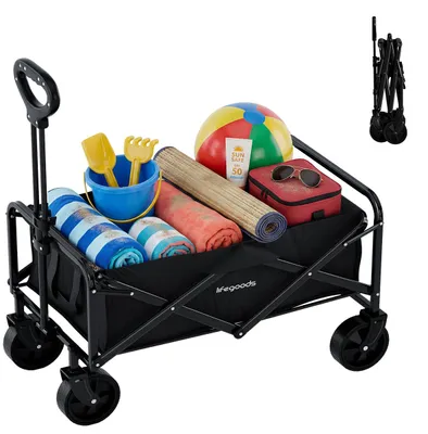 Produktbild von LifeGoods Bollerwagen Kompakt Faltbar - 80 l Fassungsvermögen - 80 kg Tragkraft - 75 x 49 x 70 cm - Waschbares Polyester – Camping- und Festival-Handwagen, Schwarz