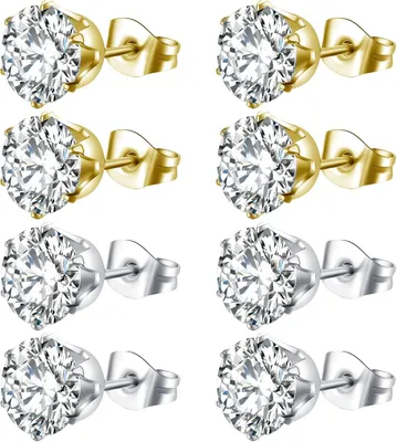 Image de Boucles d'oreilles avec zirconium, lot de 4 à 6 paires, en acier inoxydable, hypoallergéniques, pour femmes et hommes