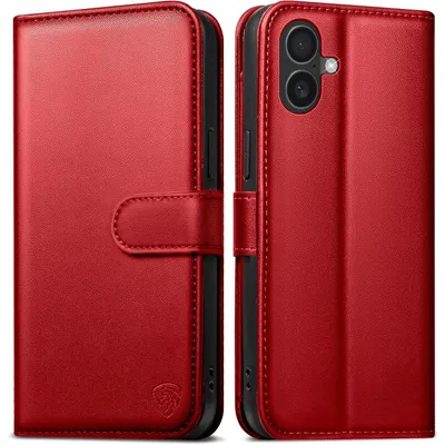 Obrázek produktu pro Pouzdro na telefon iPhone 16 Plus, skládací, s 6 sloty na karty, ochrana RFID, stojánek, umělá kůže, červená barva