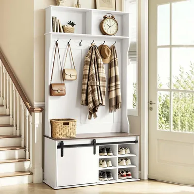 Produktbild von VEVOR Garderobenständer 1060x399x1999 mm, Garderobe mit Sitzbank, Haken, Ablagefächern, Verstellbaren Schuhablagen, Flurgarderobe, Garderobenschrank für Eingangsbereich, Diele, Flur, Weiß