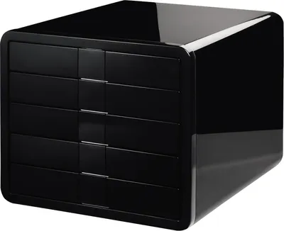A black glossy cube-shaped cabinet with five drawers.