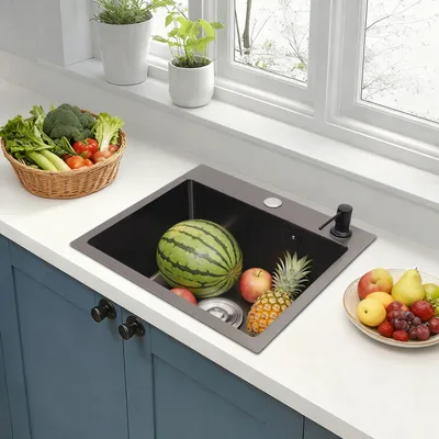 Produktbild von Spülbecken, Einbecken – Schwarz – 45x40 cm – Edelstahl mit Seifenspender