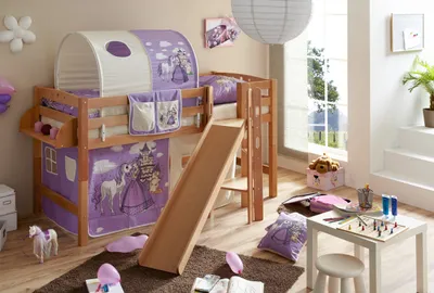 Produktbild von Podestbett mit Rutsche "Tino" Buche Natur Motiv (Horse (Lila))