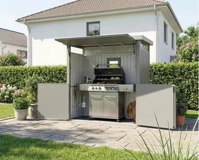 Produktbild von Grillhaus Konsta mit aufklappbarer Frontseite 230 x 113 x 222 cm grau-aluminium