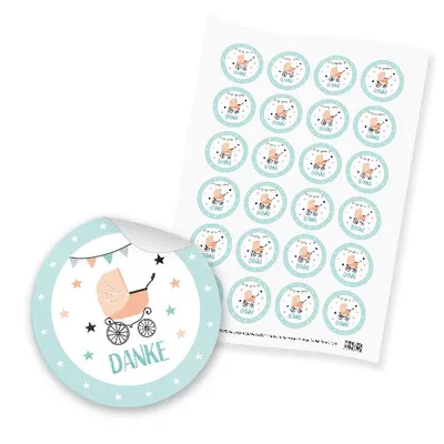 Produktbild von itenga 24x Sticker "Danke / Kinderwagen Vintage" (Motiv 136) mint orange pastell