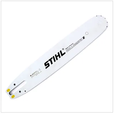 A white chainsaw bar with black and yellow accents, branded STIHL.