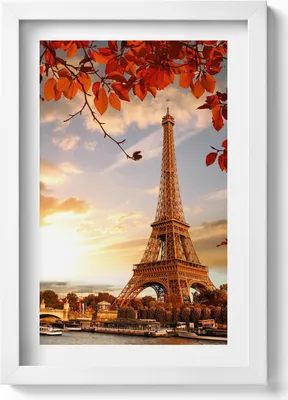 Produktbild von Eiffelturm zwischen den Blättern– Wandbild mit Rahmen – Gerahmtes Bild  – Wanddekoration – 20x30 cm – Weiß