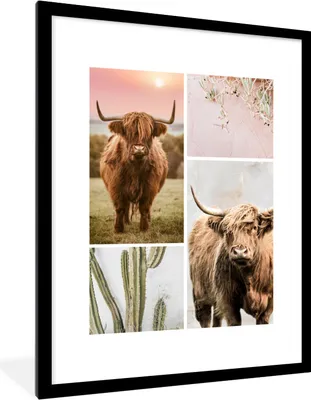 Produktbild von MuchoWow® Gerahmtes Poster Schottischer Highlander - Tiere - Pastell 60x80 cm - Poster mit Schwarzem Bilderrahmen Wandposter Rahmen Foto Bilder - Wohnzimmer - Dekorationen - Prämie