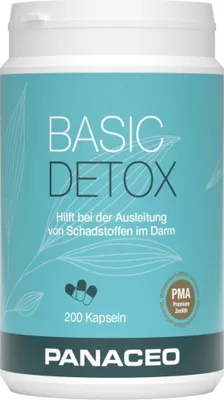 A product shot of a bottle of PANACEO Basic-Detox capsules.