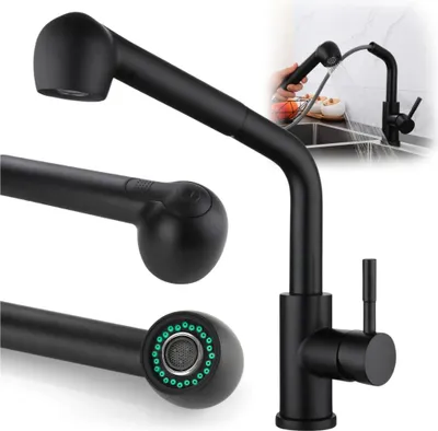 A collage of images showing a black kitchen faucet with a pull-out spout. One image shows the faucet in use in a kitchen sink, another shows a close-up of the pull-out spout, and a third shows the nozzle of the spout.