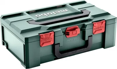 A green tool case with red latches and a black handle.