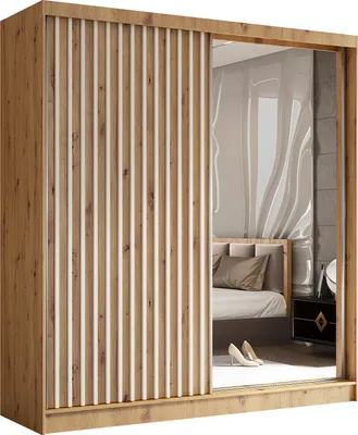 Produktbild von Masseno Schiebetürenschrank LAMELLO 200 cm Kleiderschrank Schlafzimmer Schrank 2-türig mit Spiegel und Lamellen Eiche Artisan