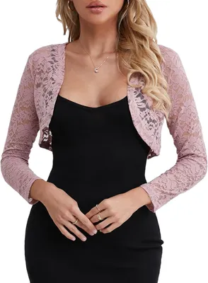 Productafbeelding van Dames bolero jasje van kant, lichtgewicht, roze met bloemenpatroon, geschikt voor bruiloft en avond