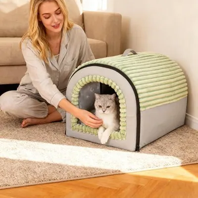 Produktbild von Katzenhöhlenbett mit abnehmbarem Unterschlupf und waschbarem Katzenhaus für Welpen, Kätzchen und Kleintiere im Zuhause, Wohnzimmer, Schlafzimmer oder Spielbereich