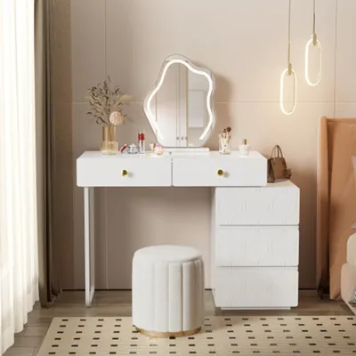 Produktbild von Schminktisch, 5 Schubladen, ohne Spiegel und Hocker, Schrank und Beine links und rechts austauschbar,Wellenmuster, minimalistischer Stil, Kommode