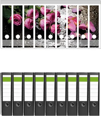 Produktbild von Wallario 9 Stück breite Ordner inkl. Klebeetiketten mit Motive Pinke Rosen mit Wassertropfen -  Set mit Rückenschildern / Ordnerrücken Stickern