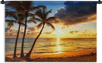 Produktbild von MuchoWow® Wandteppich Wandbehang Strand - Horizont - Sonnenuntergang - Palme - Meer 60x40 cm Tapisserie Dekoration Wandtuch - Wanddekorationen
