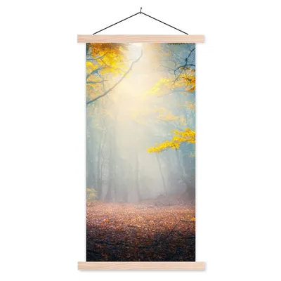 Produktbild von MuchoWow® Textilposter Wald - Nebel - Herbst 40x80 cm mit holzfarbenen Rahmen - Wohnzimmer