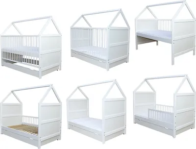 A collage of six different views of a white house-shaped baby bed.