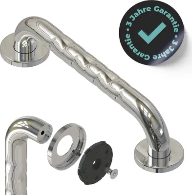 A silver grab bar is shown with its mounting hardware exploded view, and a German warranty badge in the upper right.